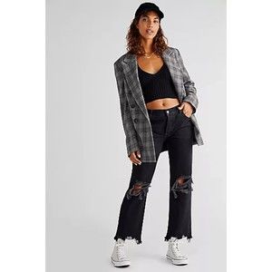 Free People NWT Maggie Mid Rise Straight Leg Distressed Chewed Hem Jeans Blk New